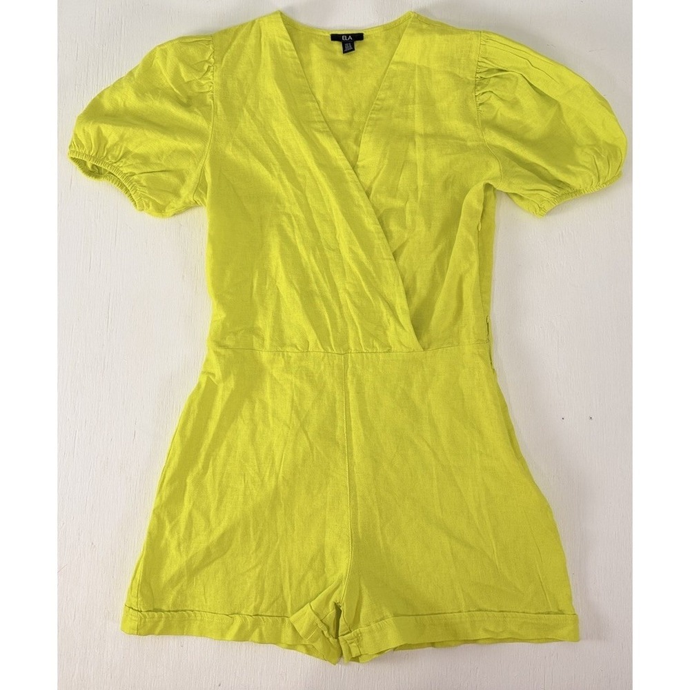ELA women's One Piece Lime Green Linen Cotton Blend Romper Jumpsuit US Size 12
